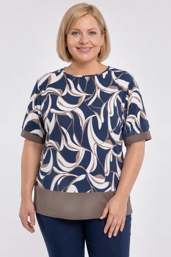 Temno modra bluza z belimi in bež vzorci