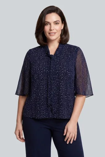 Temno modra bluza z belimi pikami in vezalkami